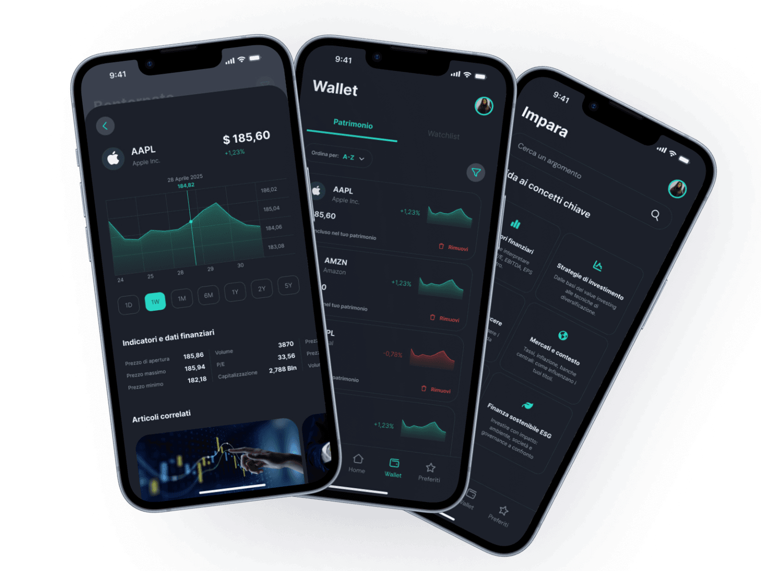 Le schermate dell'app Finzy: dettaglio titolo, Wallet e sezione Impara